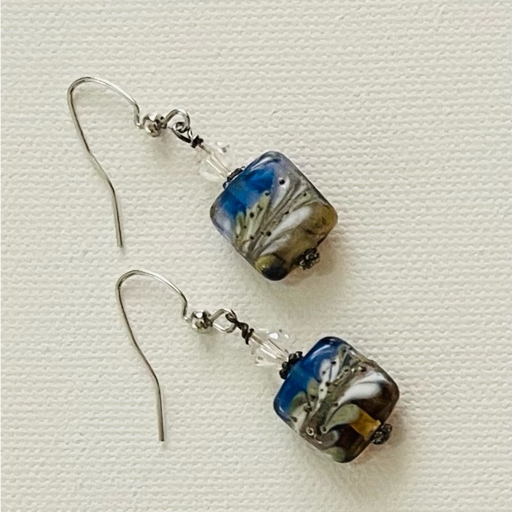 Pierced Earrings Art Glass Blue Silvertone Swirl Fishhook Unique Coastal. NWOT